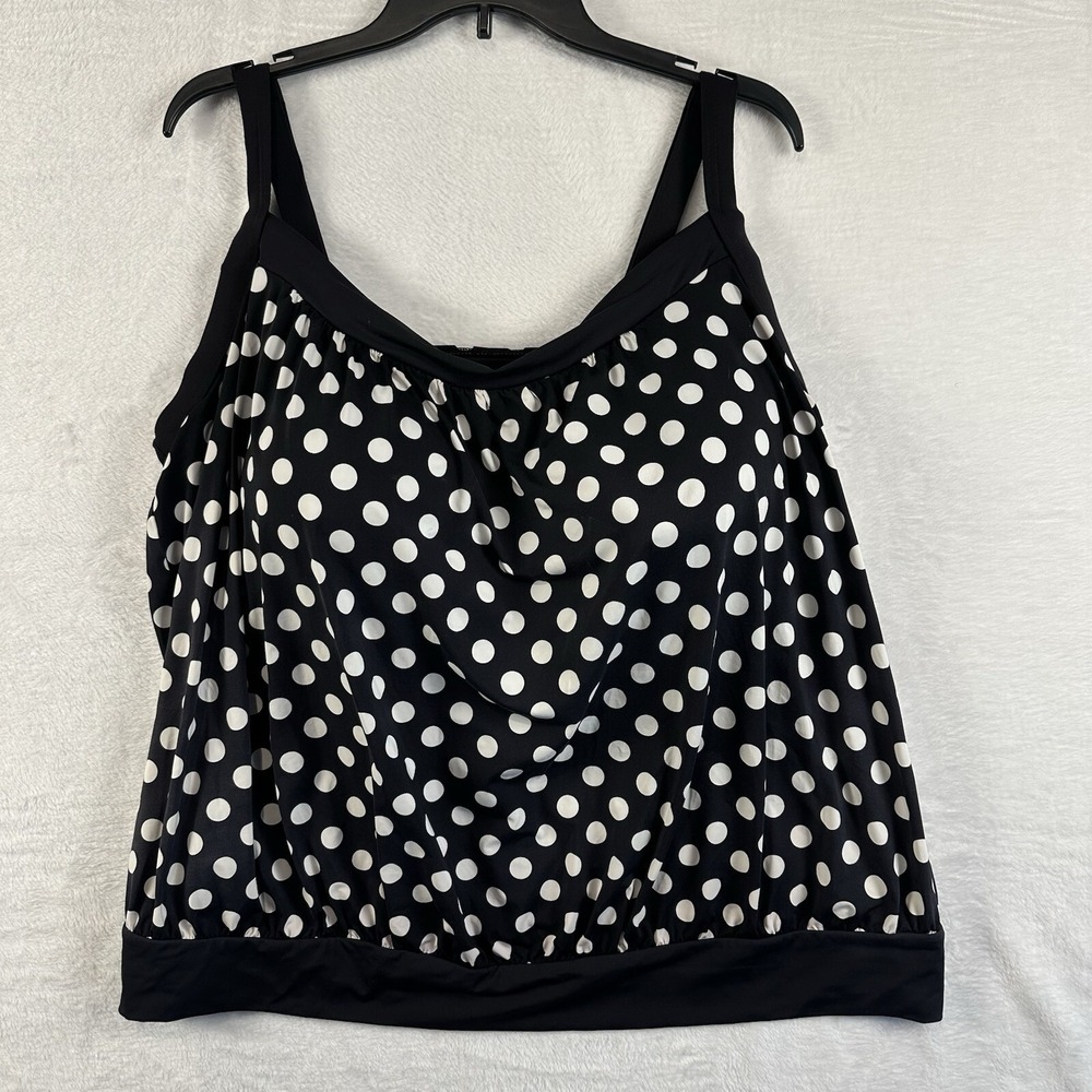 Lands' End Tankini Top Women's 24W Swimsuit Top Adjustable Straps B/W polkadot
